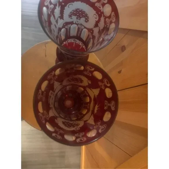 Vintage Egarmann Ruby Cut to Clear Vase/Glass Czech Bohemian set of 2
